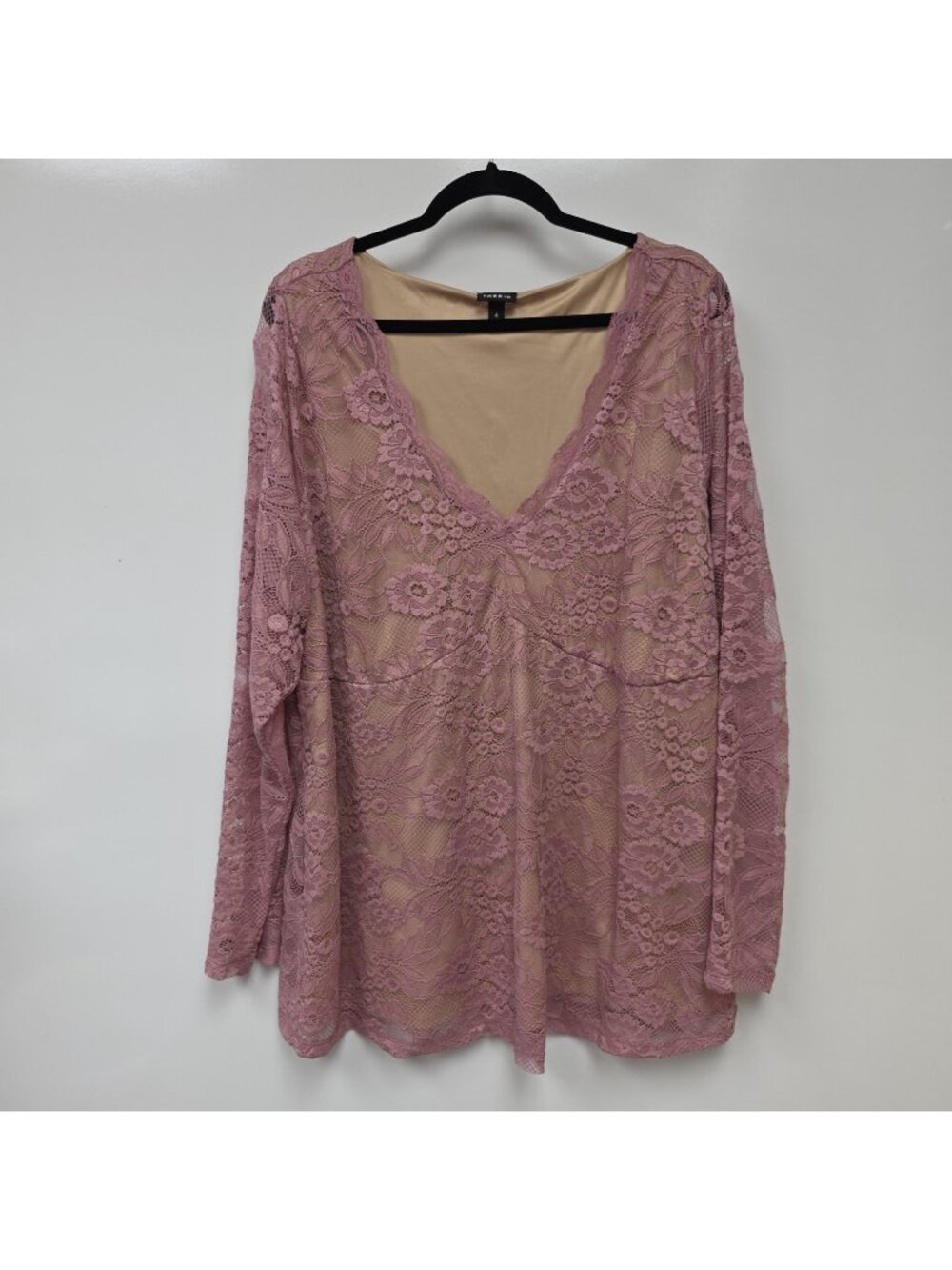 Torrid Blouse Womens 4 Pink Lace V Neck Long Sleeve Floral Lined Tunic Top Plus